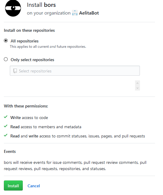Install on your repositories. With these permissions: write access to code, read access to members and metadata, read and write access to commit statuses, issues, pages, and pull requests